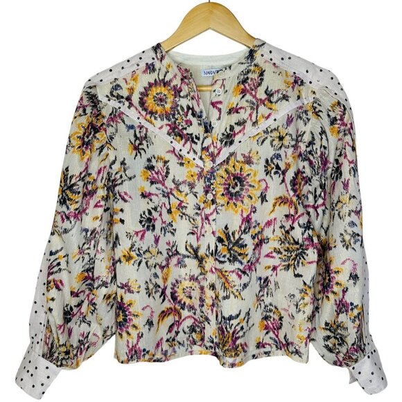 MariaCher Mixed Print Metallic Thread Blouse in White Gardenia Size XS - Picture 3 of 8
